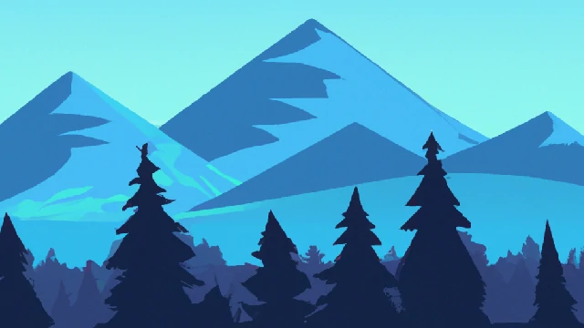 A cartoon image of blue trees and a mountain.